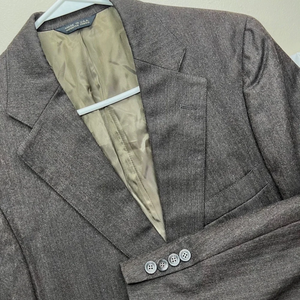 Vintage Chaps Ralph Lauren Mens Virgin Wool Blazer Brown Herringbone Made USA